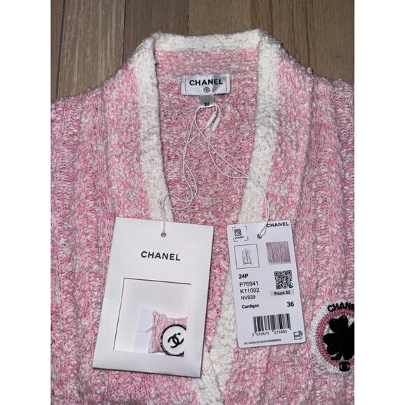 Chanel 24P Pink White Knit Boucle CC Logo Button Long Sleeve Cardigan Sweater 36 - Picture 12 of 16